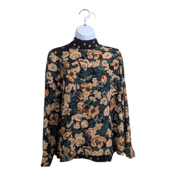 Zara Woman Black Tan Chiffon Floral Polka Dot Top Blouse Mock Neck Long Sleeve S - Picture 1 of 10